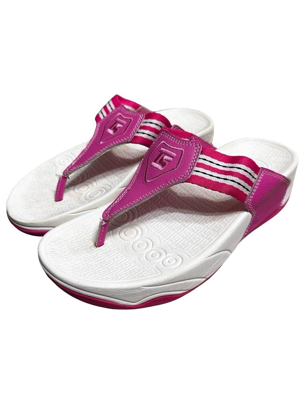 TheraShoe Pink White Slip On Sandals Size 6 Leather Comfort Flip Flop Chunky